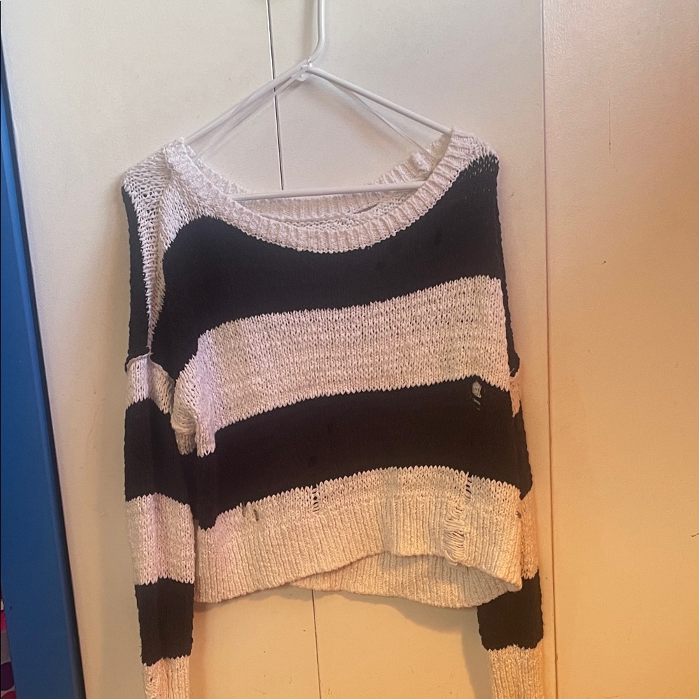 Hollister Distressed Striped Black and White Sweater